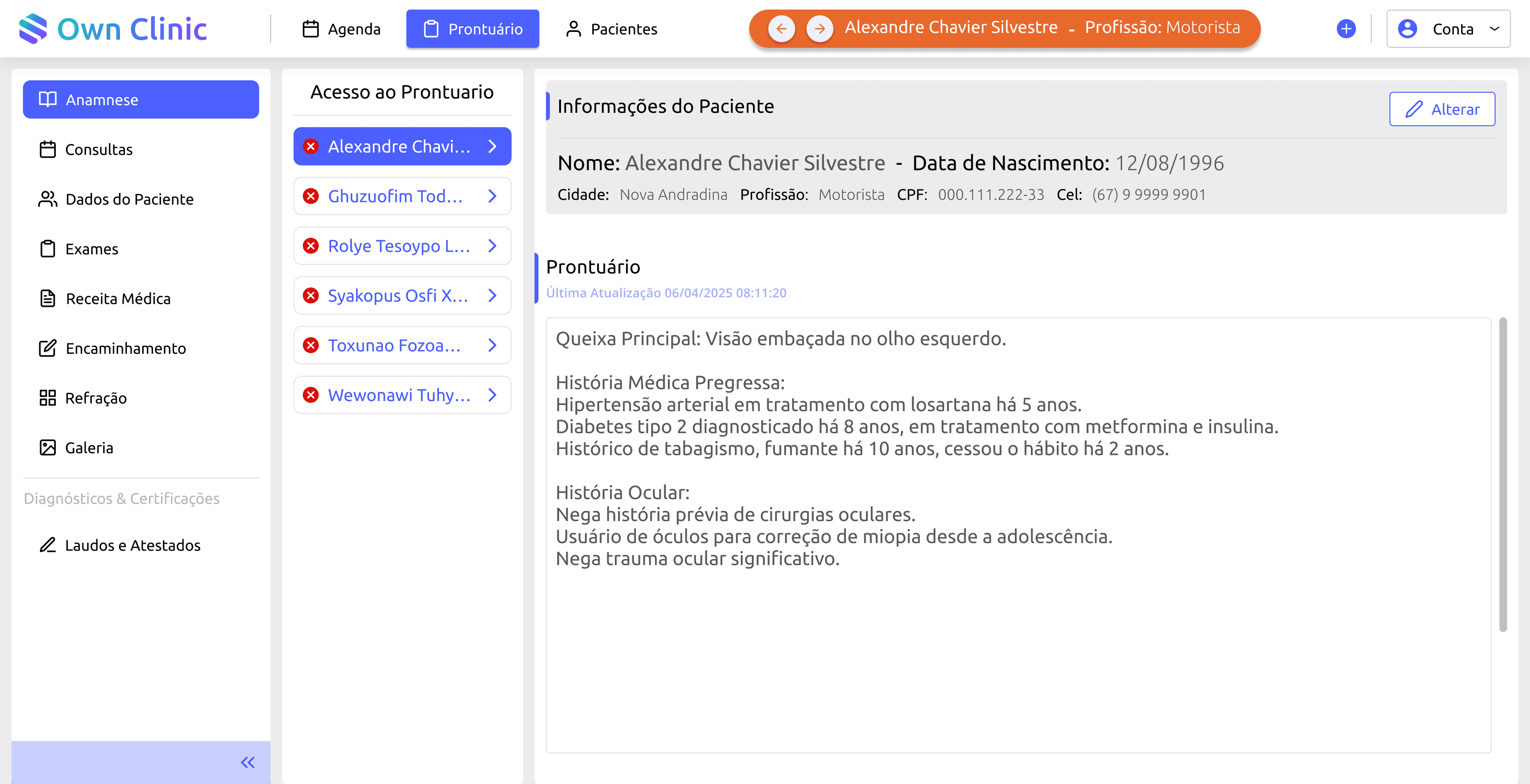 Prontuário oftalmológico com histórico e exames